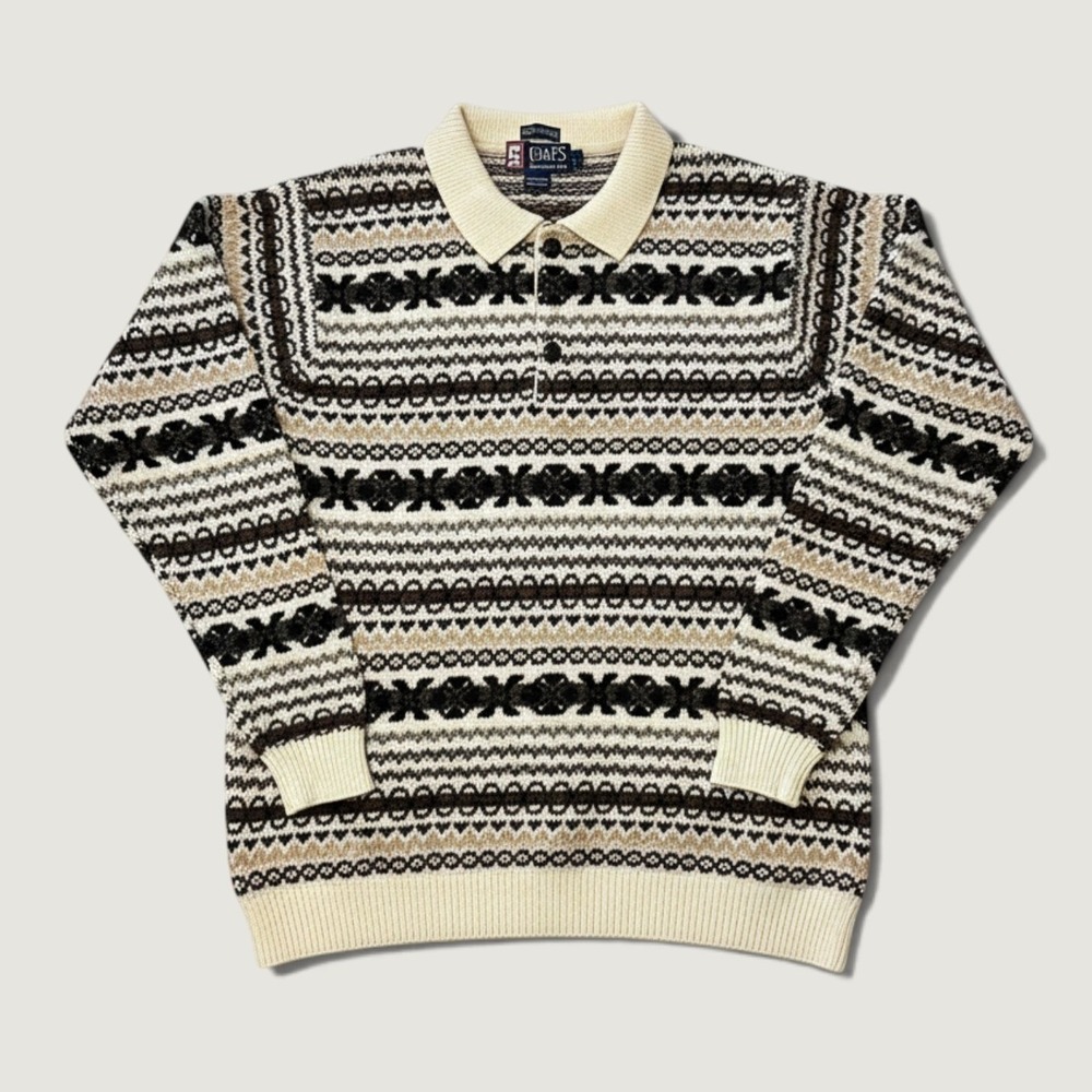 Chaps Ralph Lauren Mens Large Lambswool Fair Isle Polo Sweater Vintage Cream L